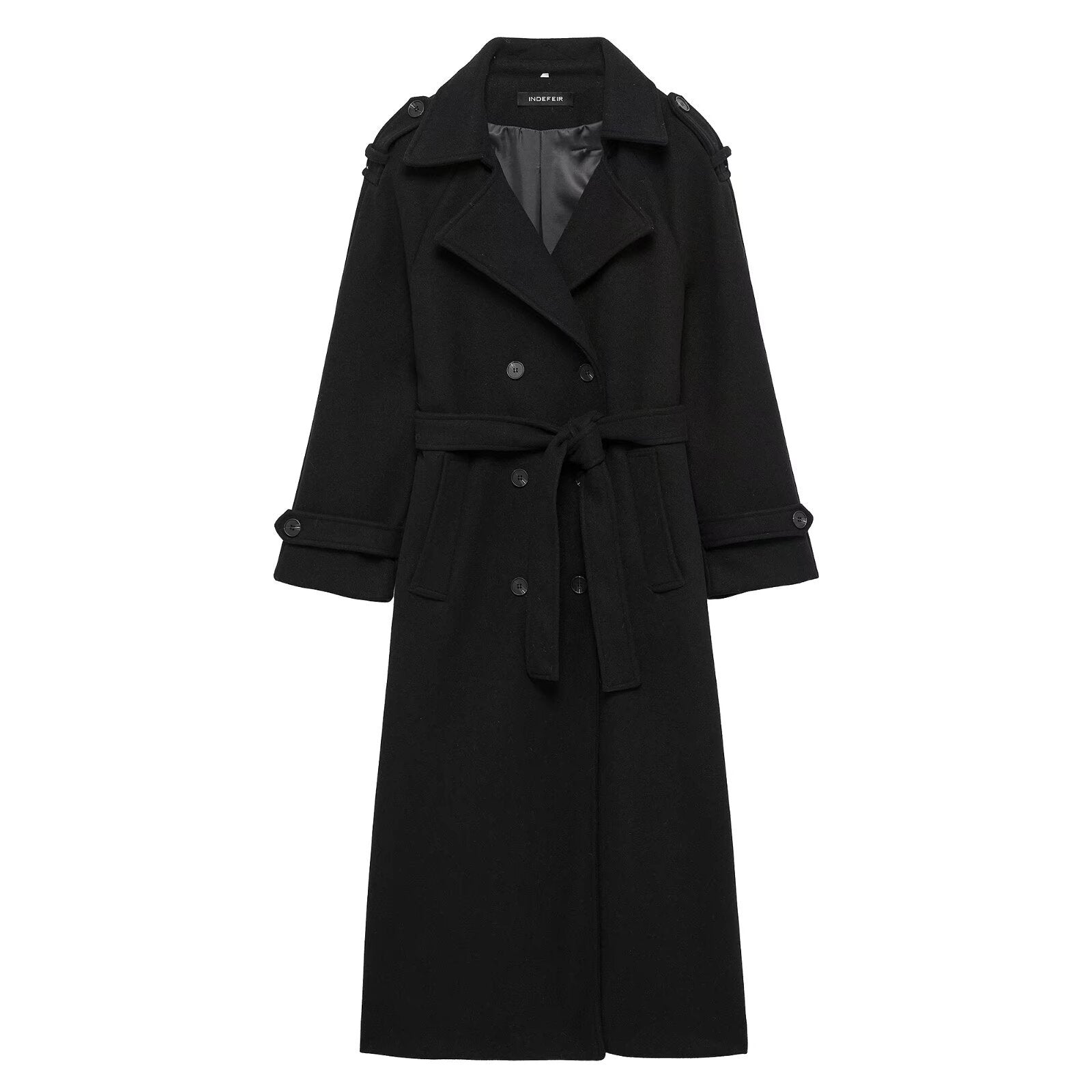 Double breasted belted longline woollen look overcoat, back view of the longline overcoat