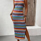 Bright multicolour striped knit tank maxi dress standing full length, square neck and side slit, front