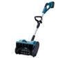 Blue cordless snow blower with extendable shaft and secondary handle on a white background
