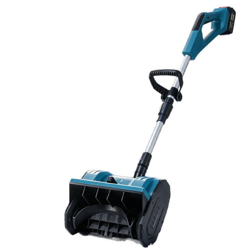Blue cordless snow blower with extendable shaft and secondary handle on a white background