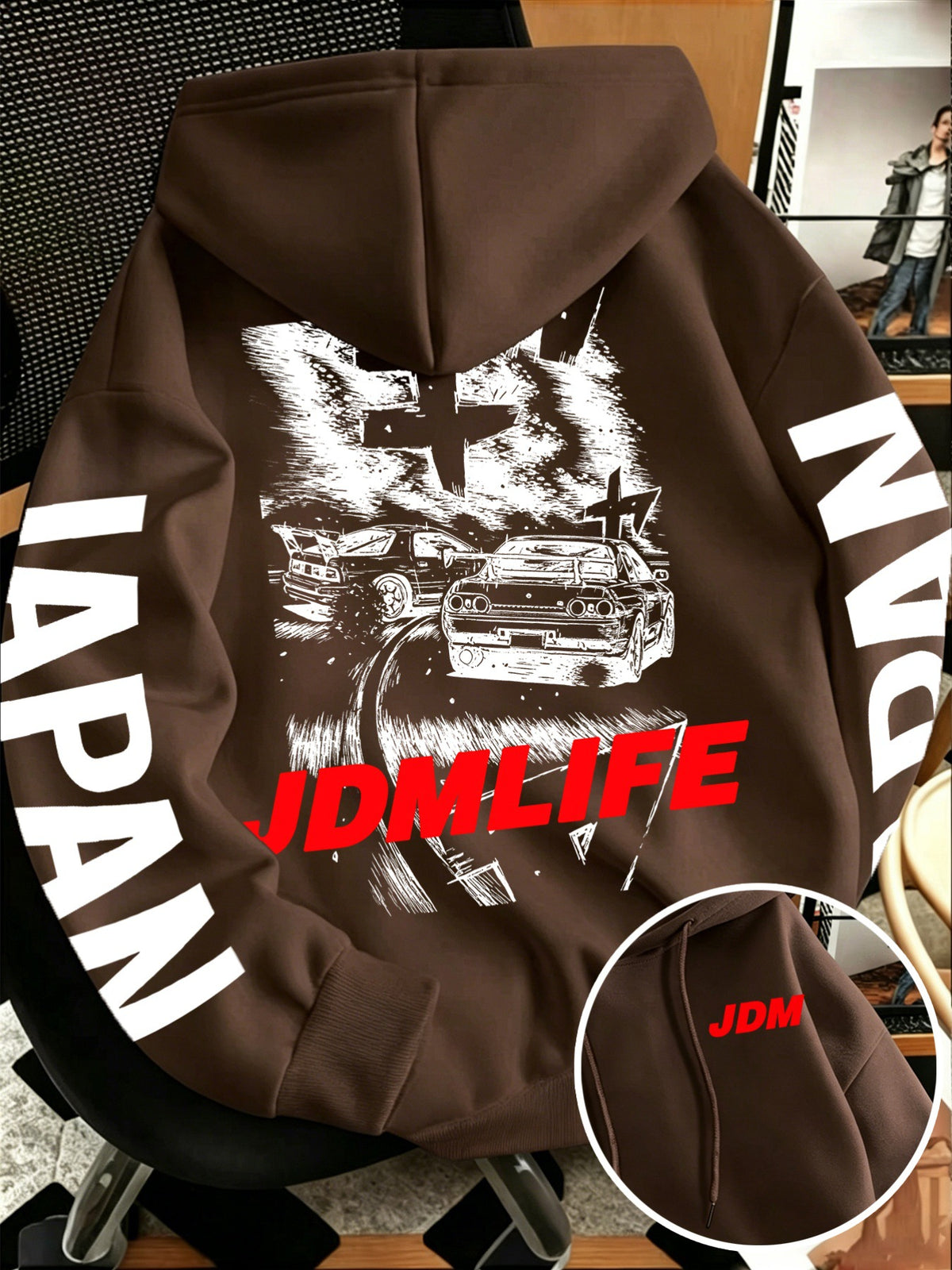 Back view of the JDM drift racing hoodie showing two sports cars and a red JDMLIFE print