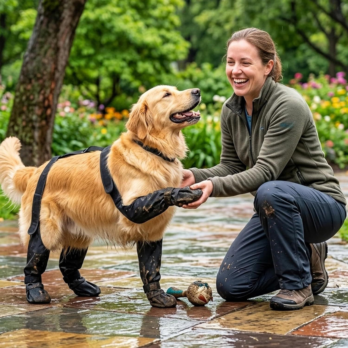 Dog wearing the anti slip boots on a wet path giving a paw