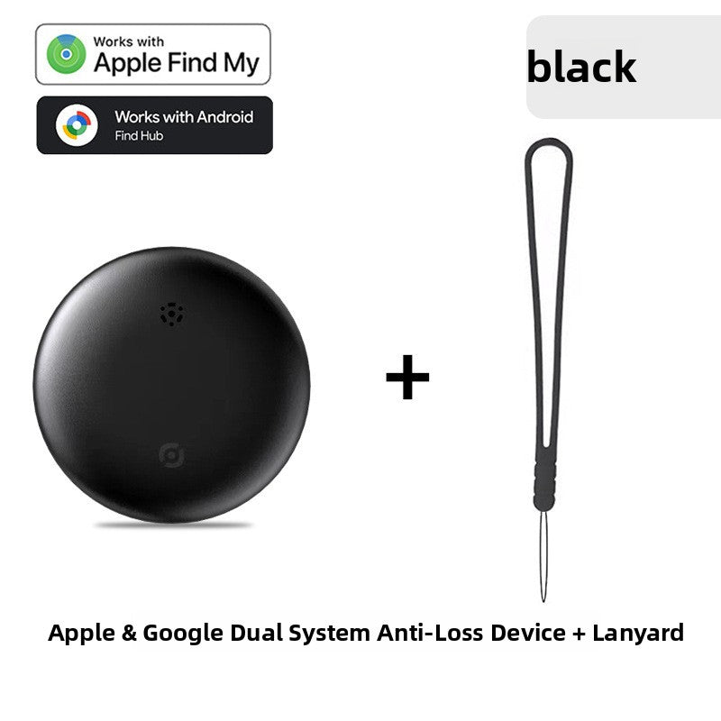 Black round S10 tracker with a black lanyard, Apple and Google dual system anti-loss device