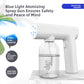 White blue light atomizing spray gun with six lit blue LEDs around the nozzle