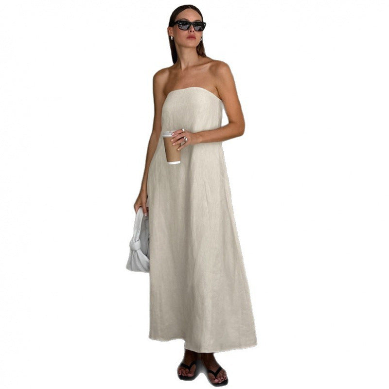 Khaki strapless cotton linen maxi dress on white studio background front view