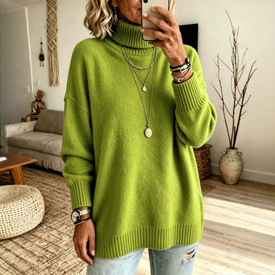 Womens Loose Turtleneck Knit Sweater with Ribbed Trim
