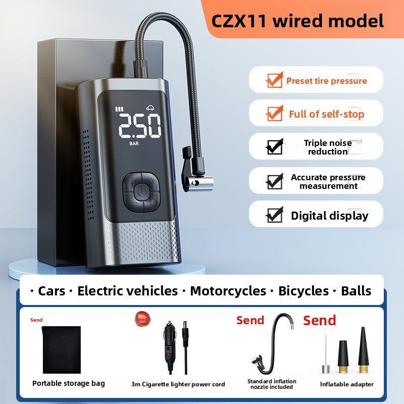 Czx11 wired model inflator with digital display, 3 m cigarette lighter cord, storage bag and inflation nozzles
