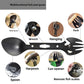 Maker callout panel for the black spork multi tool showing spoon, fork, opener and wrench cut outs