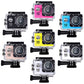 Black action camera in a clear waterproof case on a mount bracket