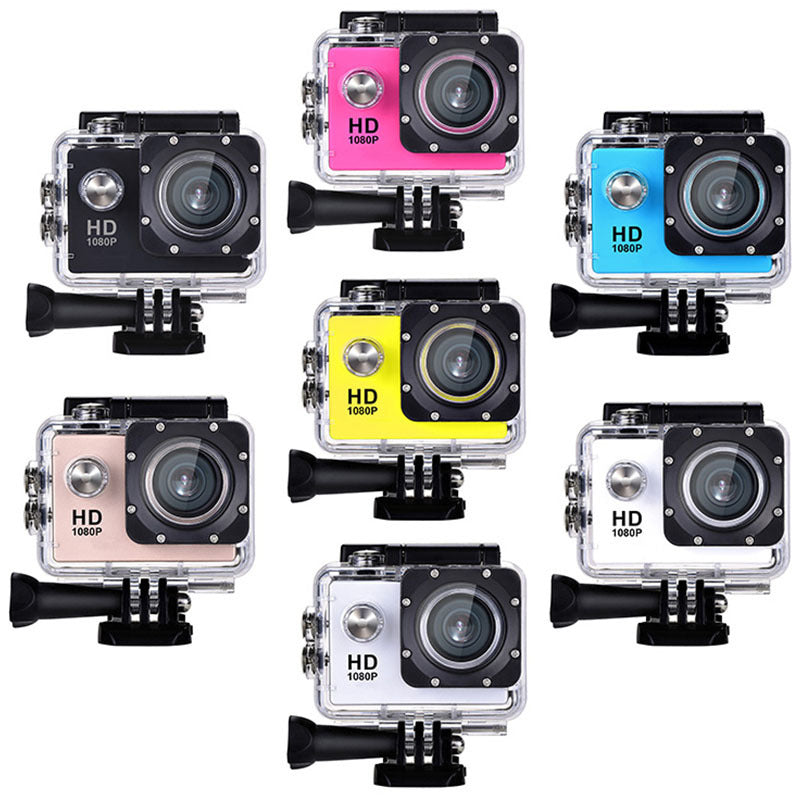 Black action camera in a clear waterproof case on a mount bracket