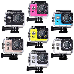 Black action camera in a clear waterproof case on a mount bracket