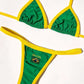 Green Brasil bikini flat lay with yellow trim and stitched flag patch