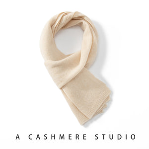 Raw cashmere rice beige kids scarf, flat knit body and a short ribbed tip