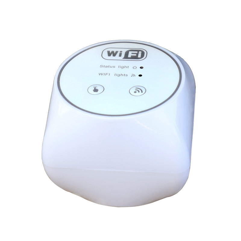 White WiFi automatic plant watering pump unit with a touch button and two status lights, front view