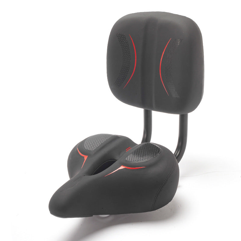 Side view of cushioned scooter saddle and backrest showing central relief channel