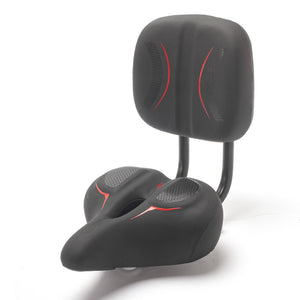 Side view of cushioned scooter saddle and backrest showing central relief channel