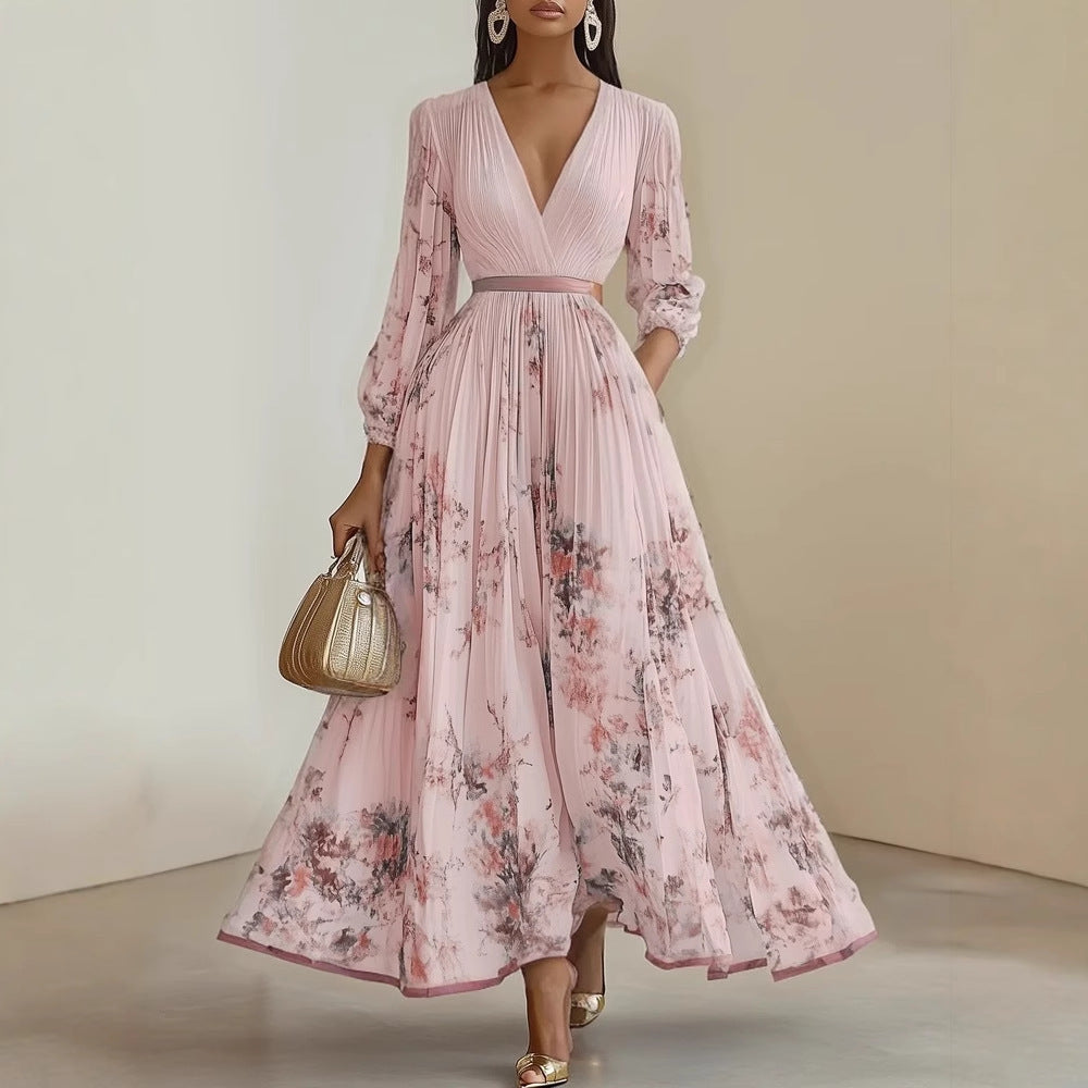 Floral print pleated maxi dress surplice V neck bodice and contrast waistband detail