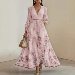 Floral print pleated maxi dress surplice V neck bodice and contrast waistband detail