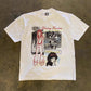 Detail of the Y2K comic front print on the white oversized heavyweight cotton tee
