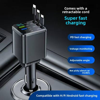 Black car charger with three retractable cables extended and a display, plugged into a car socket