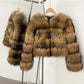 Two cropped banded fur coats in tan and dark brown hanging on a rack