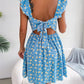 Floral square neck ruffle strap tie back mini dress shown flat, full length