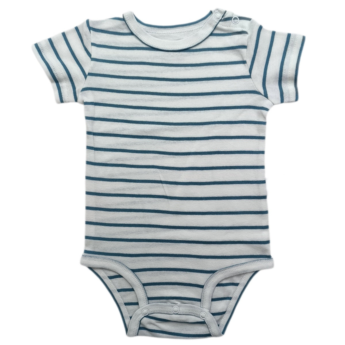 Baby short sleeve cotton bodysuit with a shoulder snap opening shown flat on a plain background