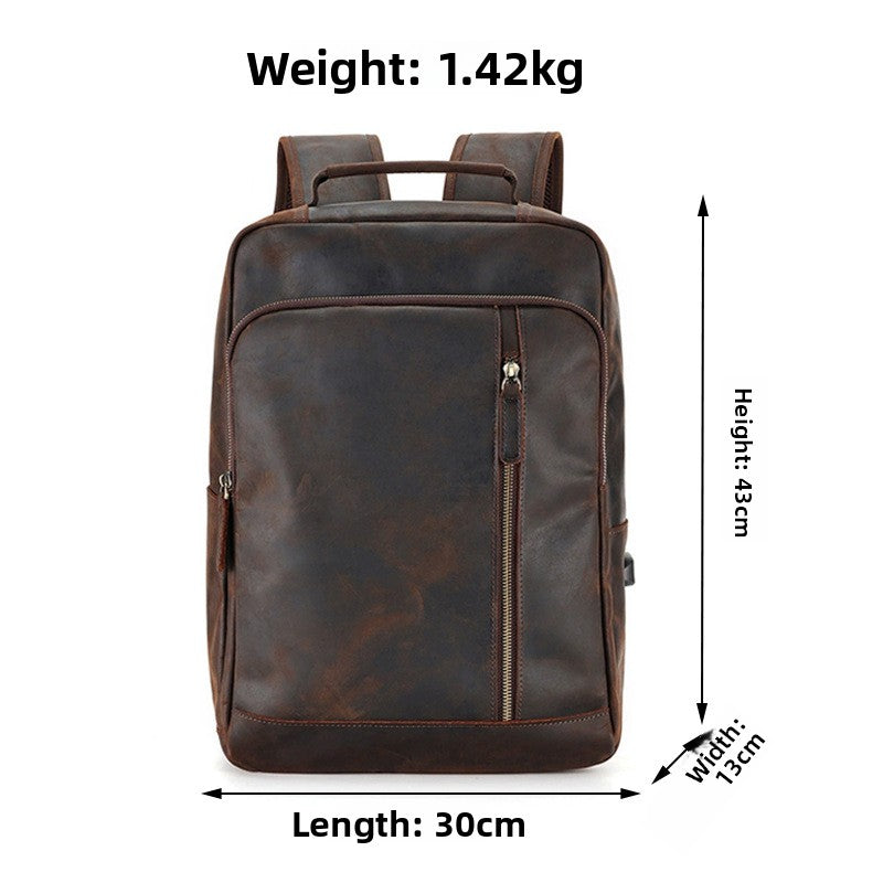 Coffee cowhide backpack with a vertical front zip, 43 cm high, 30 cm long, 13 cm wide, 1.42 kg