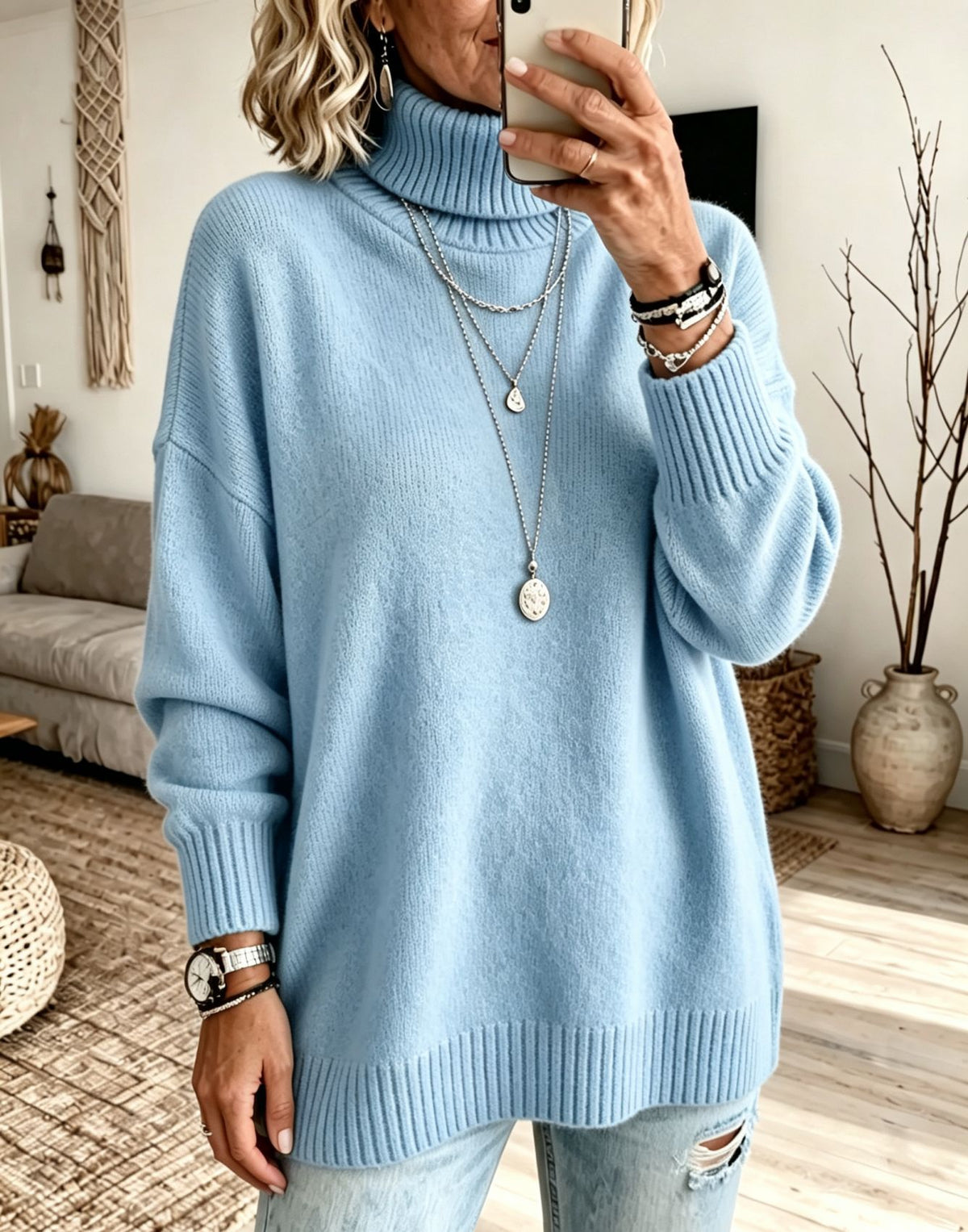 Women's sky blue turtleneck knit sweater, loose fit with ribbed cuffs and hem, size S