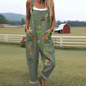 Printed button strap overall jumpsuit with a loose fit and tapered roll up legs