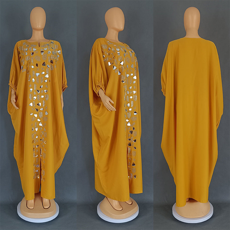 Yellow kaftan maxi dress with mirrored applique down the centre front, Yellow option photo
