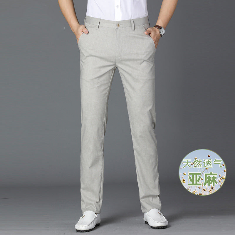 Light gray linen mens trousers fabric close up showing smooth cool touch weave