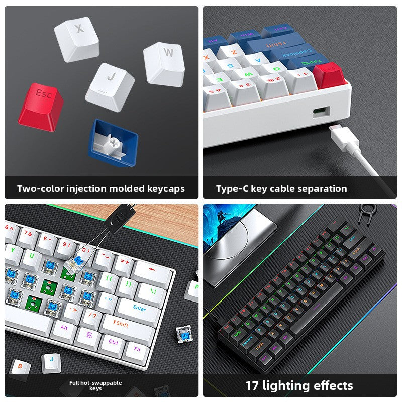 Four views of a 61 key mechanical keyboard: keycaps, Type-C port, switch sockets and RGB glow