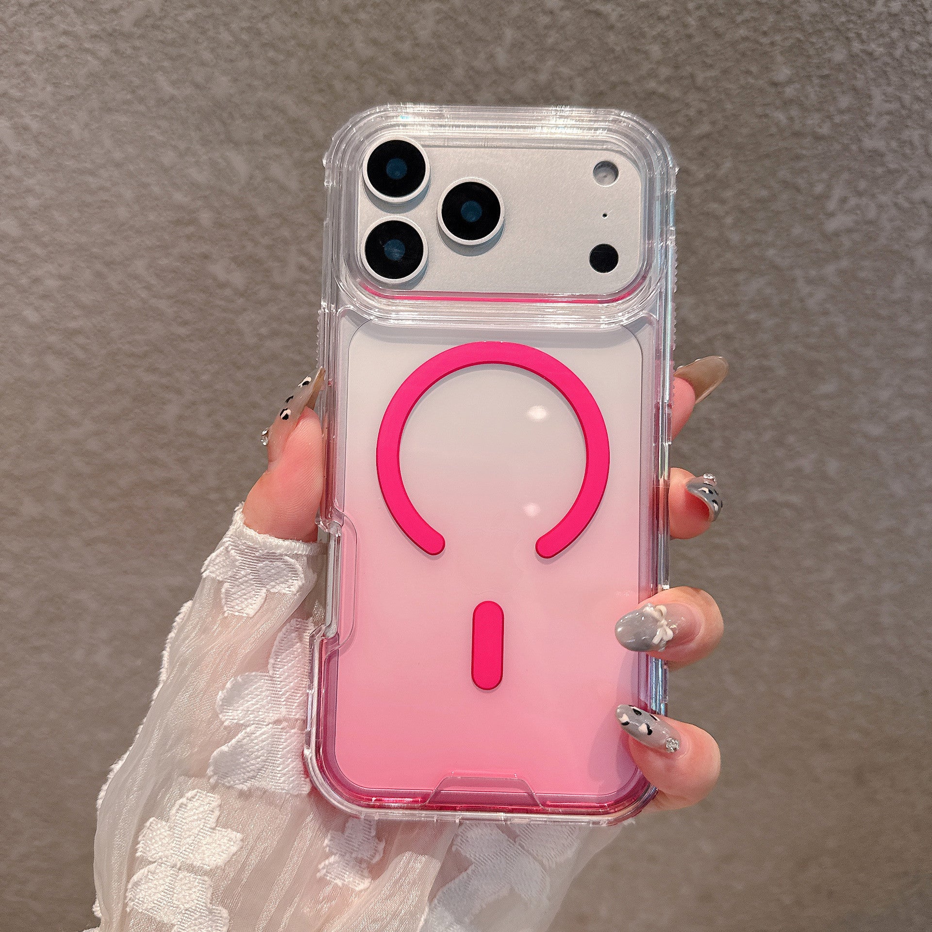 Gradient pink clear polycarbonate iPhone case, raised camera shelf and hot pink back ring