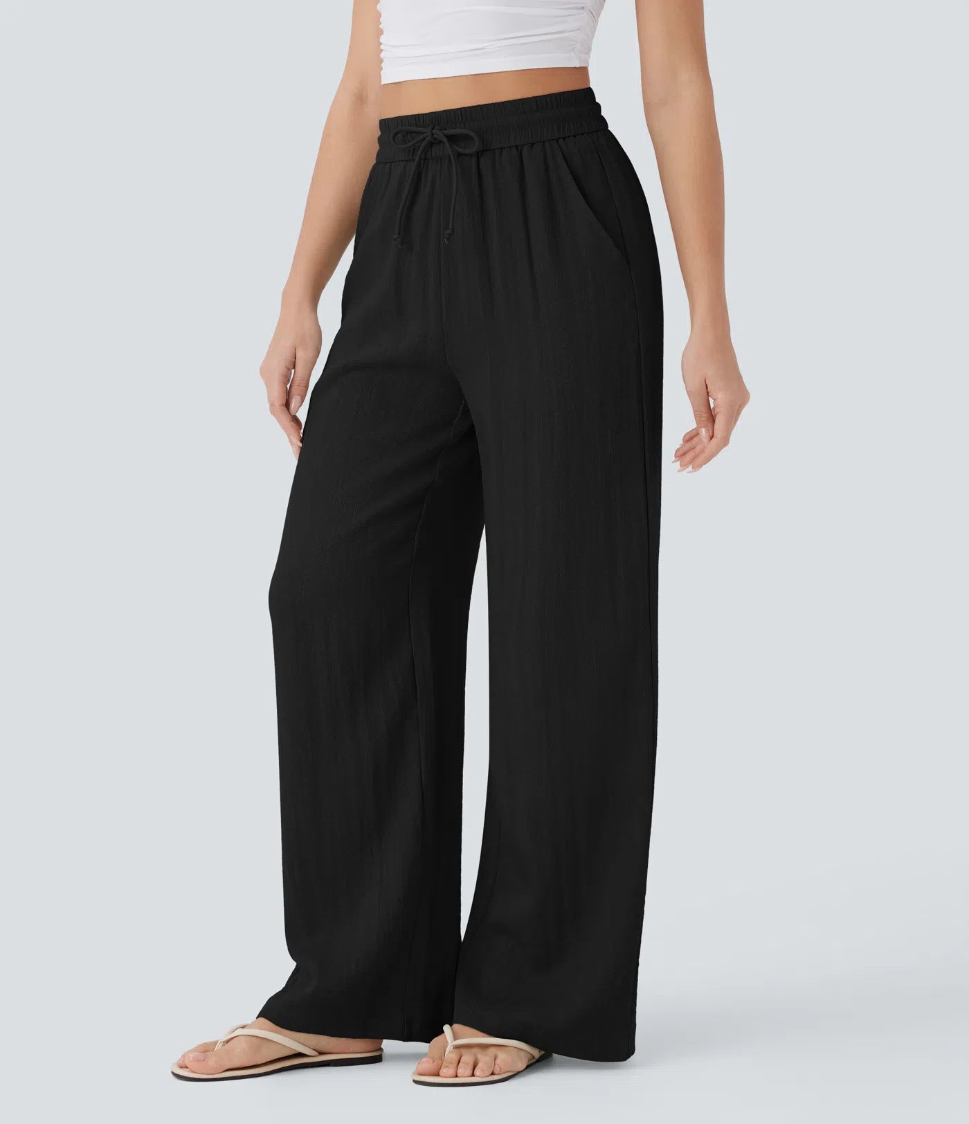 Linen yoga pants with drawstring waist | soft daylight shot