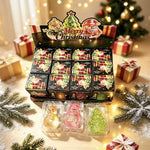 Boxed jelly squishy Christmas squeeze toys stacked in a festive gift display