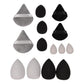 Velvet triangle powder puffs and round puffs beside teardrop foam makeup sponges