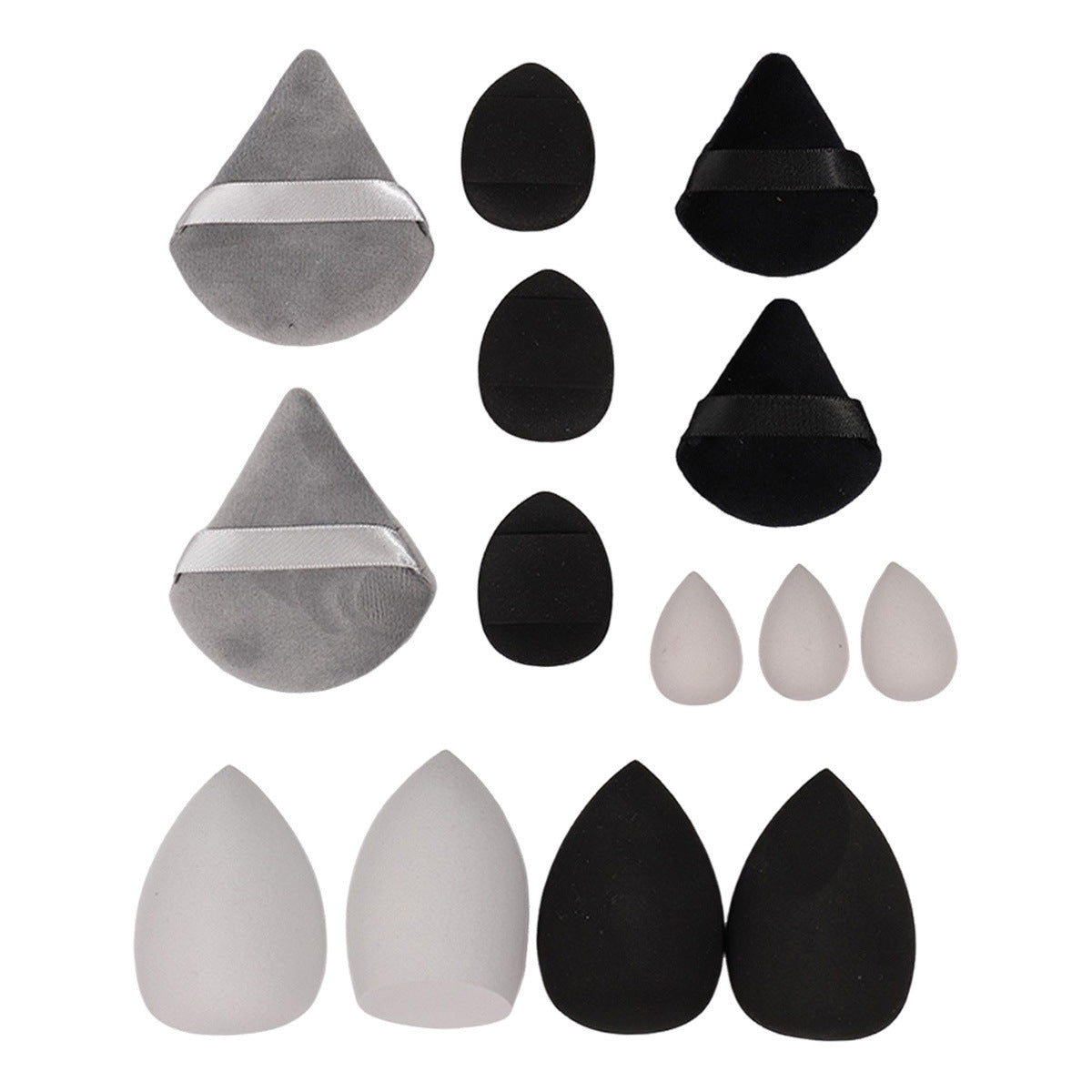 Velvet triangle powder puffs and round puffs beside teardrop foam makeup sponges