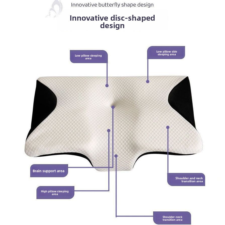 Memory foam cervical pillow styled on bedding with its soft knit cover