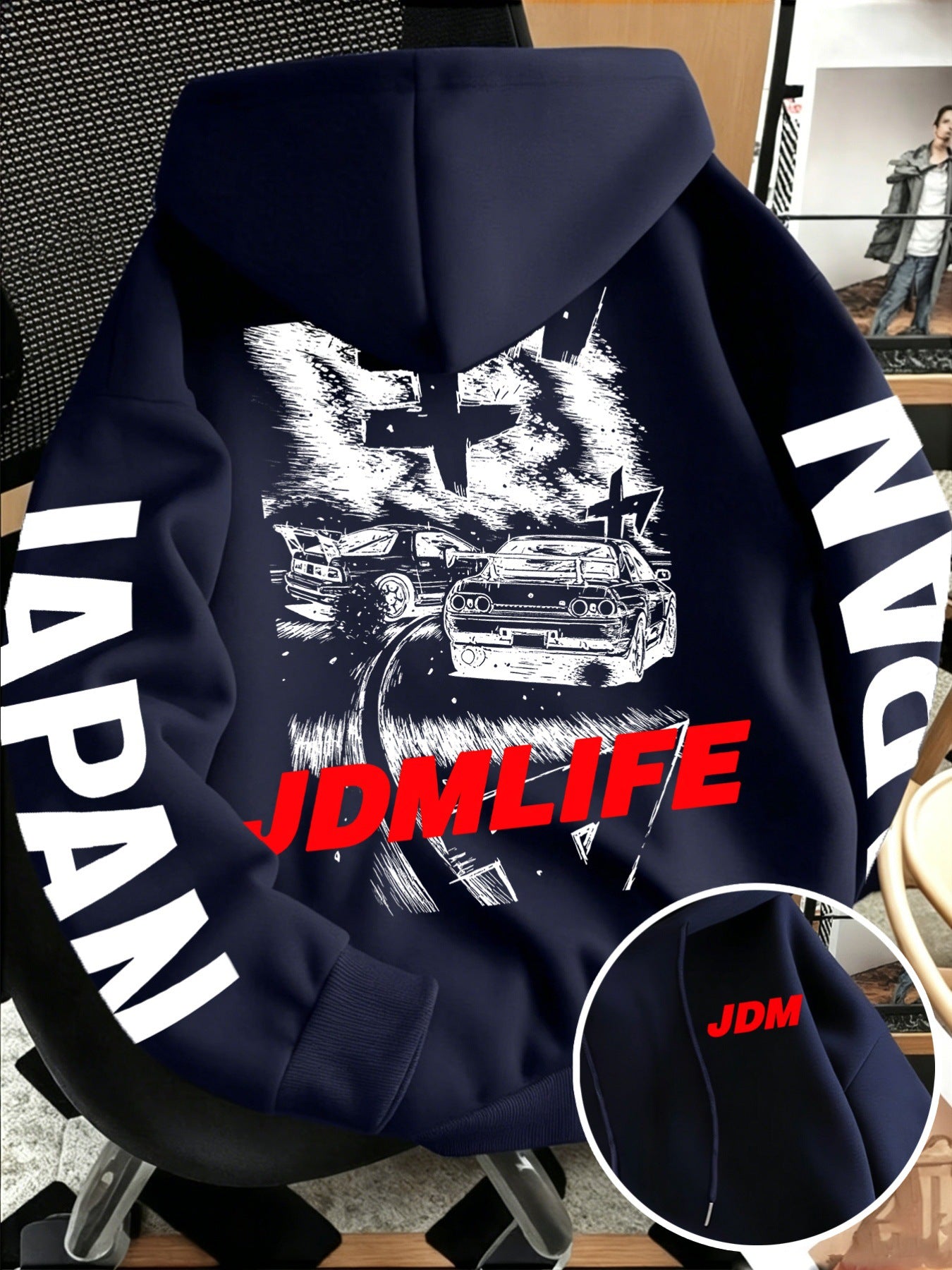 Back view of the JDM drift racing hoodie showing two sports cars and a red JDMLIFE print