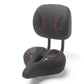 Cushioned scooter saddle with backrest, front angle showing relief channel in the nose