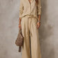 Warm off white long sleeve shirt and wide leg pants set, size XXL, with braided tie