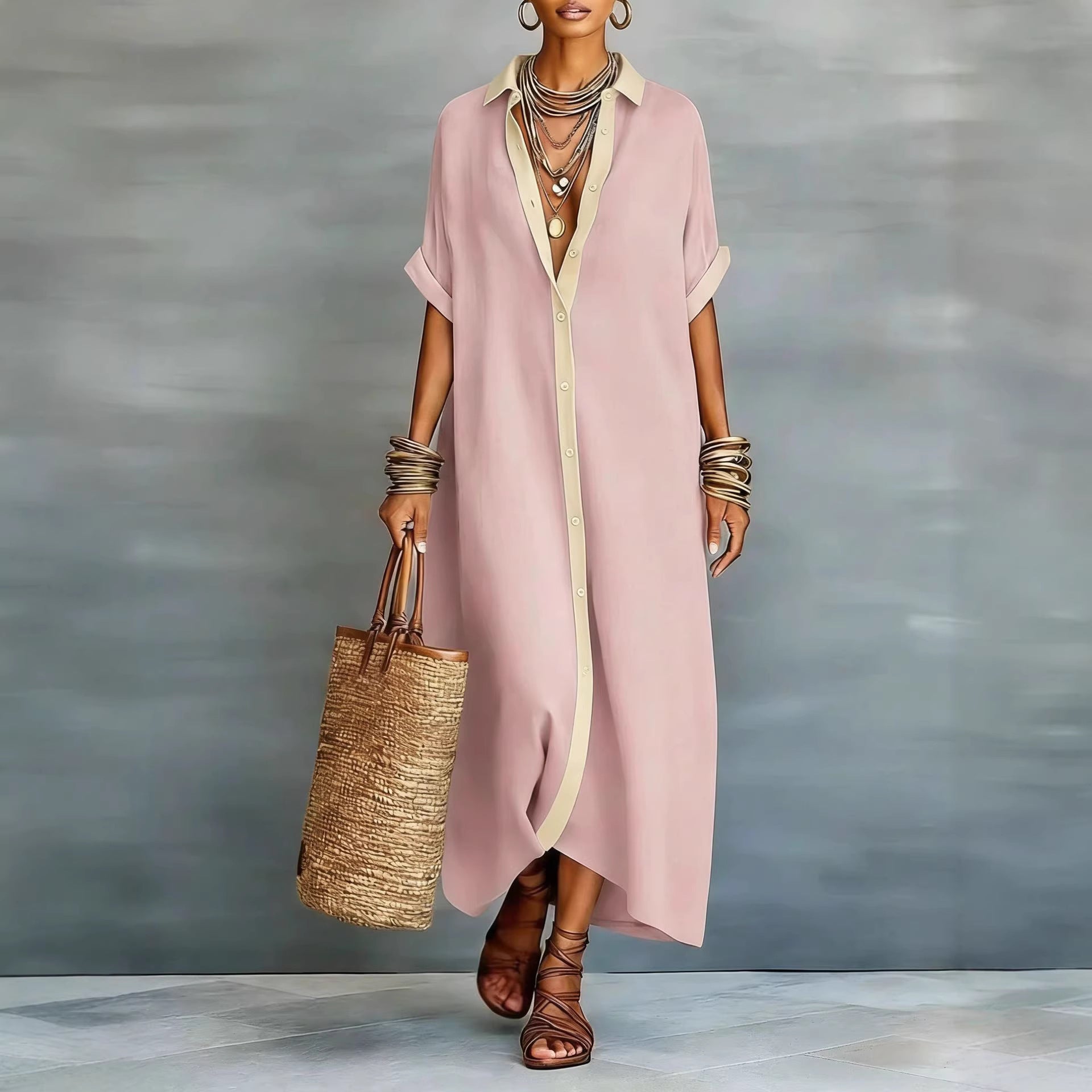 Cotton-linen color block dress worn in a warm-weather daytime setting