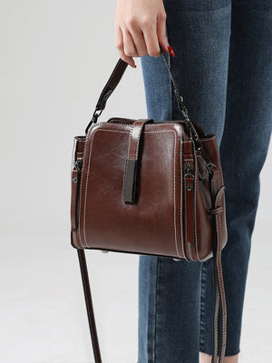 Genuine leather vintage style crossbody bucket bag front view