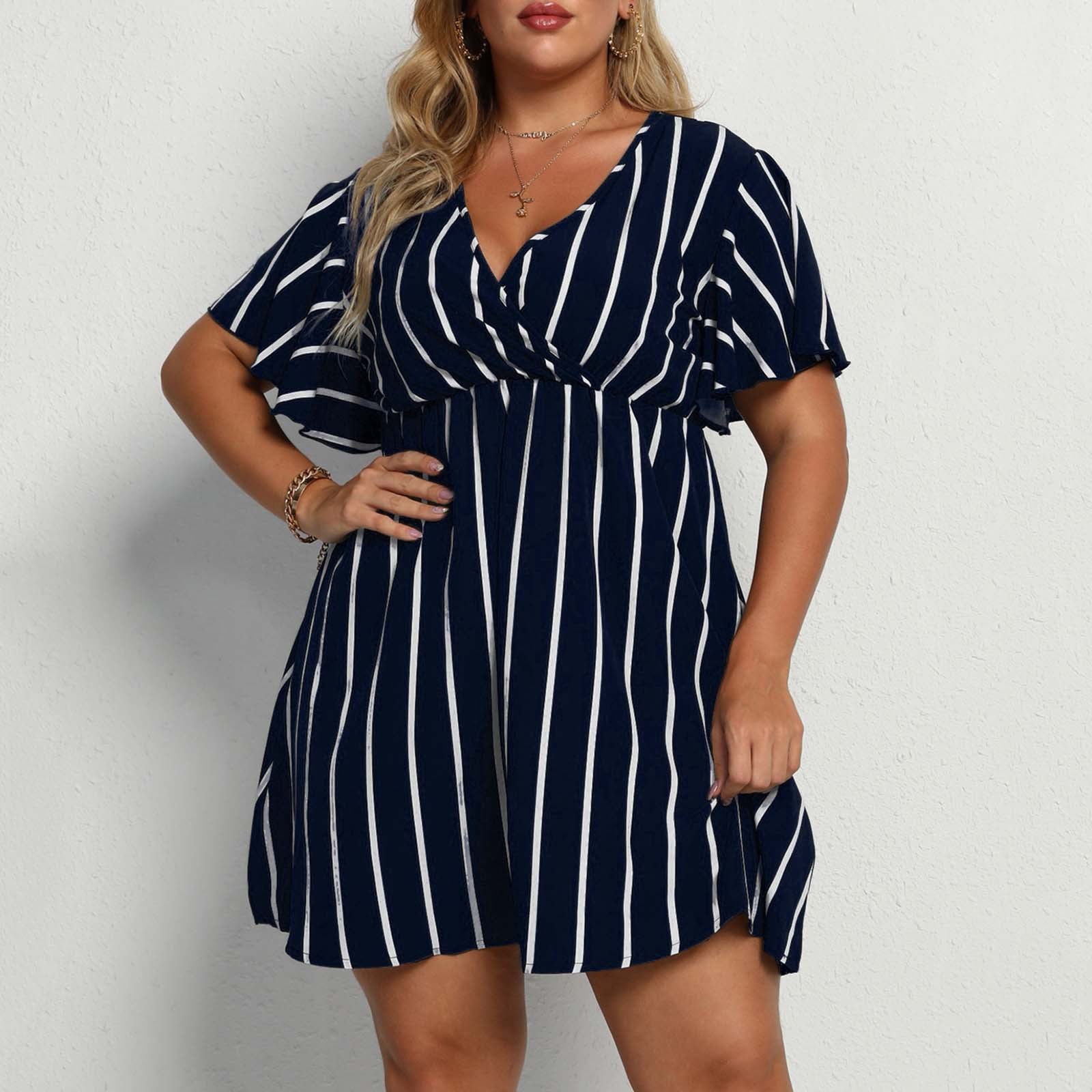 Navy blue and white striped surplice mini dress with flutter sleeves, Navy blue option photo