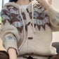 Hooded Fair Isle knit cardigan front detail with drawcords and horn-shaped buttons, size M option