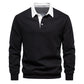 Long sleeve polo collar pullover laid flat showing the full body and sleeves