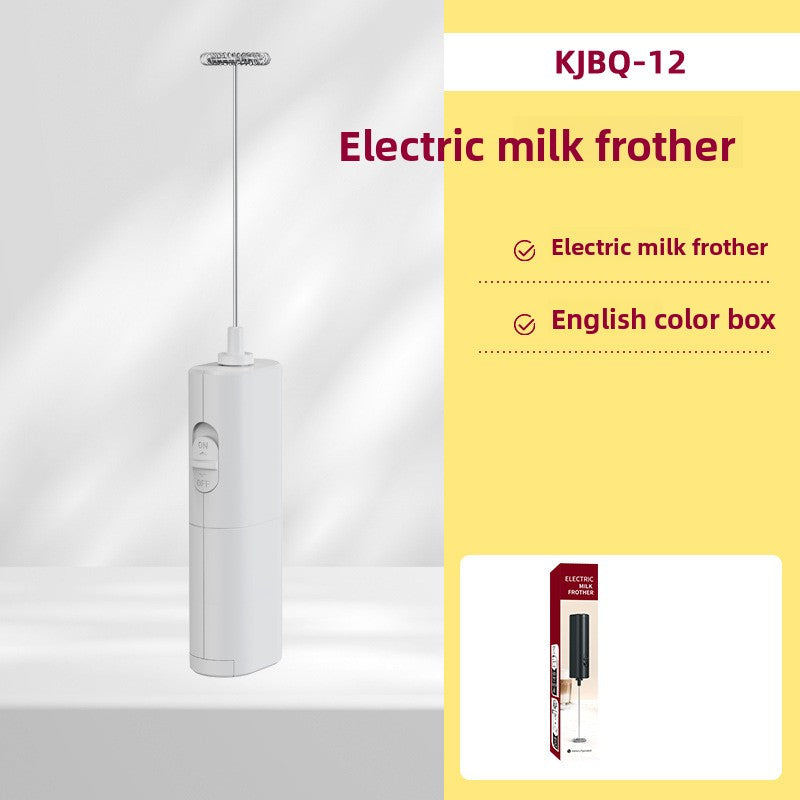 White KJBQ-12 battery milk frother with side switch, spring whisk and English color box