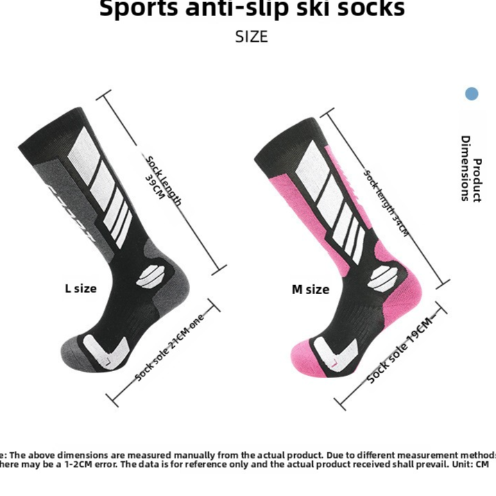 Size chart for the ski socks showing M with a 19 cm sole and L with a 21 cm sole, length 37 to 39 cm
