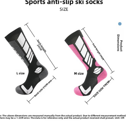 Size chart for the ski socks showing M with a 19 cm sole and L with a 21 cm sole, length 37 to 39 cm
